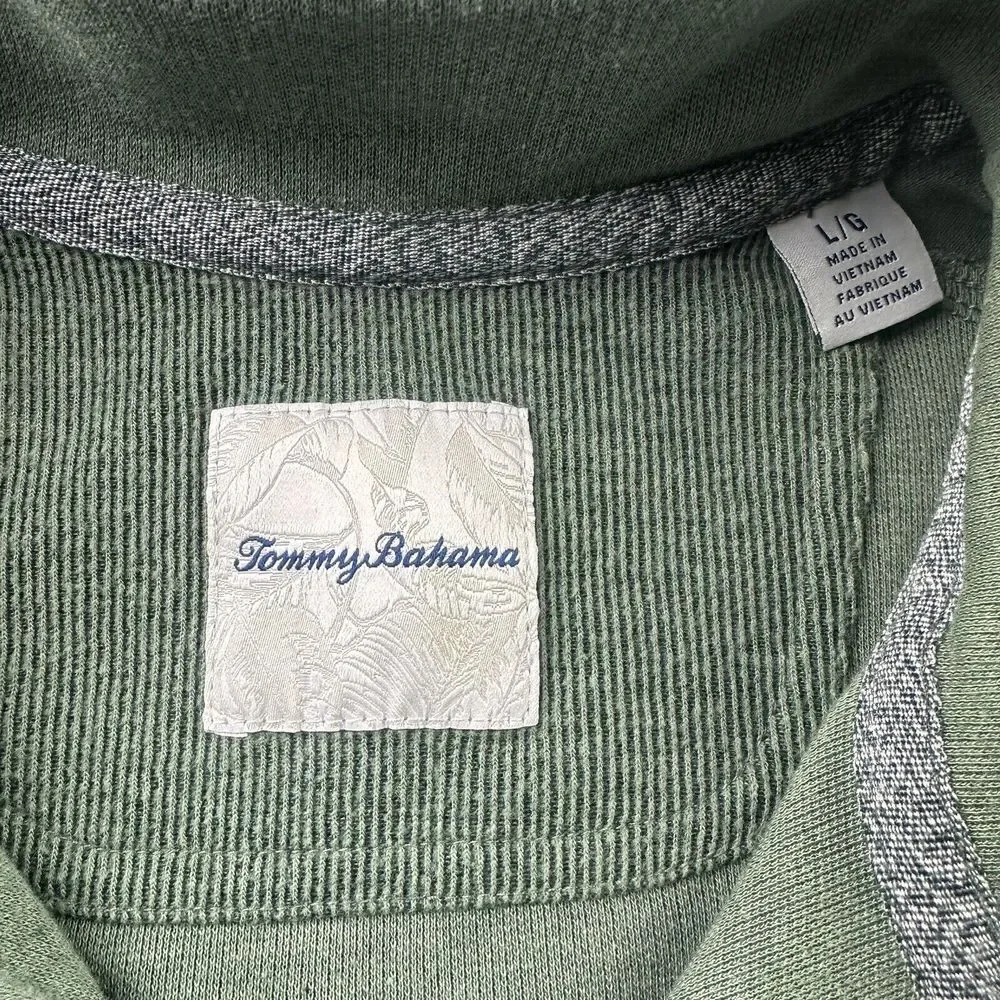 Tommy Bahama Sweater Mens‎ Large Green Ribbed 1/4 Snaps Stretch Casual Office
